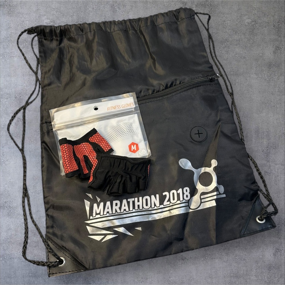 Orangetheory Fitness Marathon 2018 Drawstring Bag w/ Fitness Gloves Size M